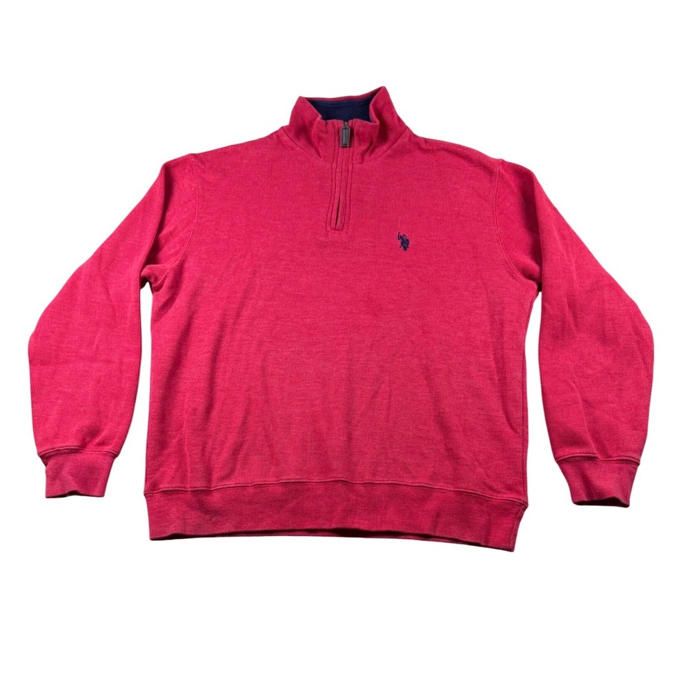 US Polo Assn Mens Quarter Zip Pullover Sweatshirt Red Ribbed Knit Size Medium